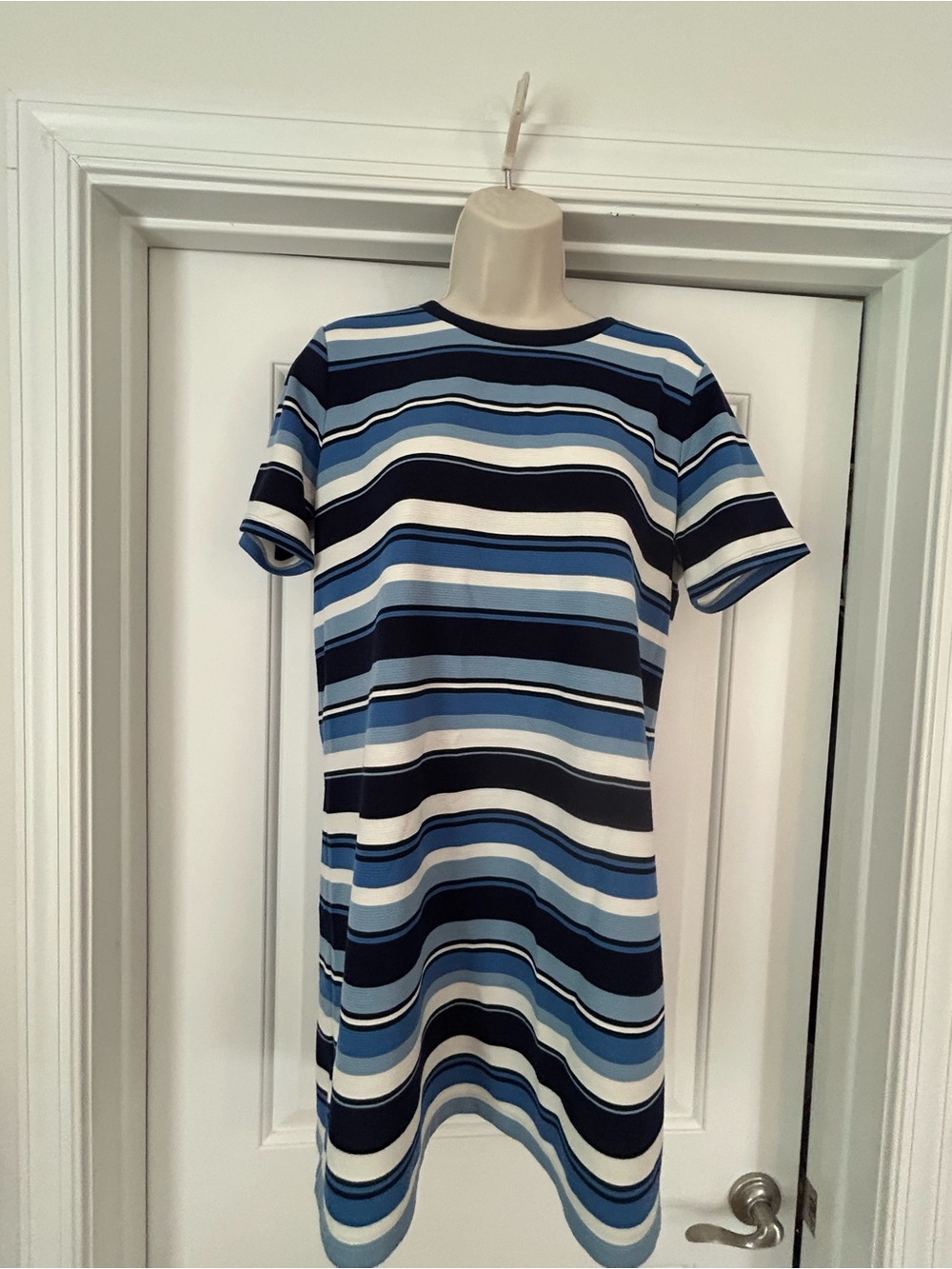MICHAEL Michael Kors Navy, Light Blue & White Striped Short Sleeve Shift Dress
